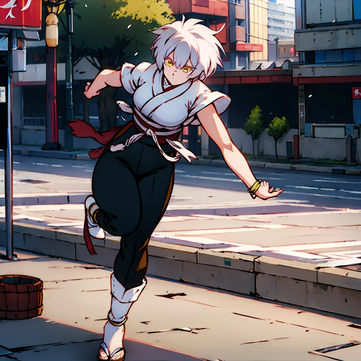 Women,   short hair ,  Yellow Eyes , camiseta blanca,  black pants ,  throw away , Japanese city