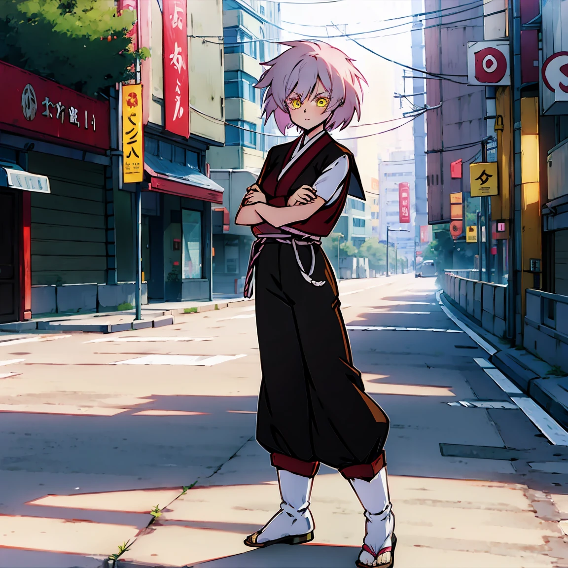 Women,   short hair ,  Yellow Eyes , camiseta blanca,  black pants ,  throw away , Japanese city