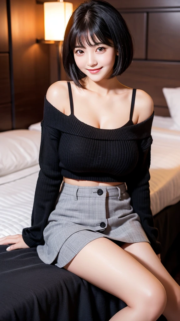 Black Hair、 short hair、Big Breasts、 no bra 、 long sleeve sweater、 Checked Mini Skirt 、Bare legs、Hotel、 bed、 sitting、night、smile、 Japanese、 Beautiful Girl、Age 19