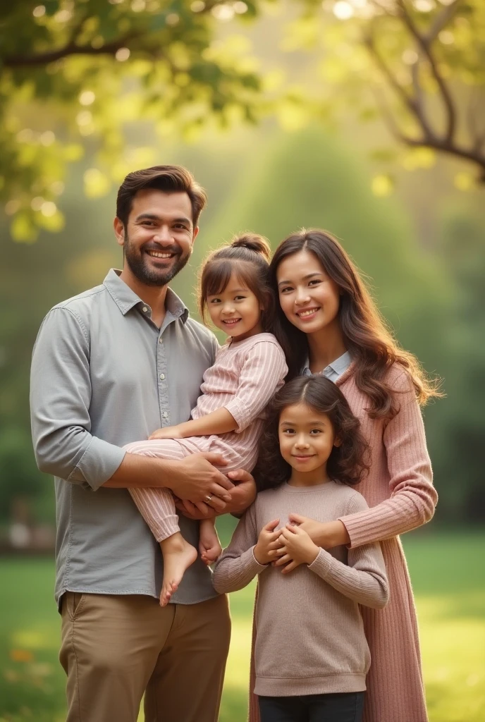 a family of light-skinned peasants, the brown father, the black-haired mother, two daughters and a son, One is brown-haired and the other is black-haired like her brother.. Everyone smiles at the camera. They are in a forest., the girls wear dresses, Men, on the other hand, wear jeans and plaid shirts., in the sixties
