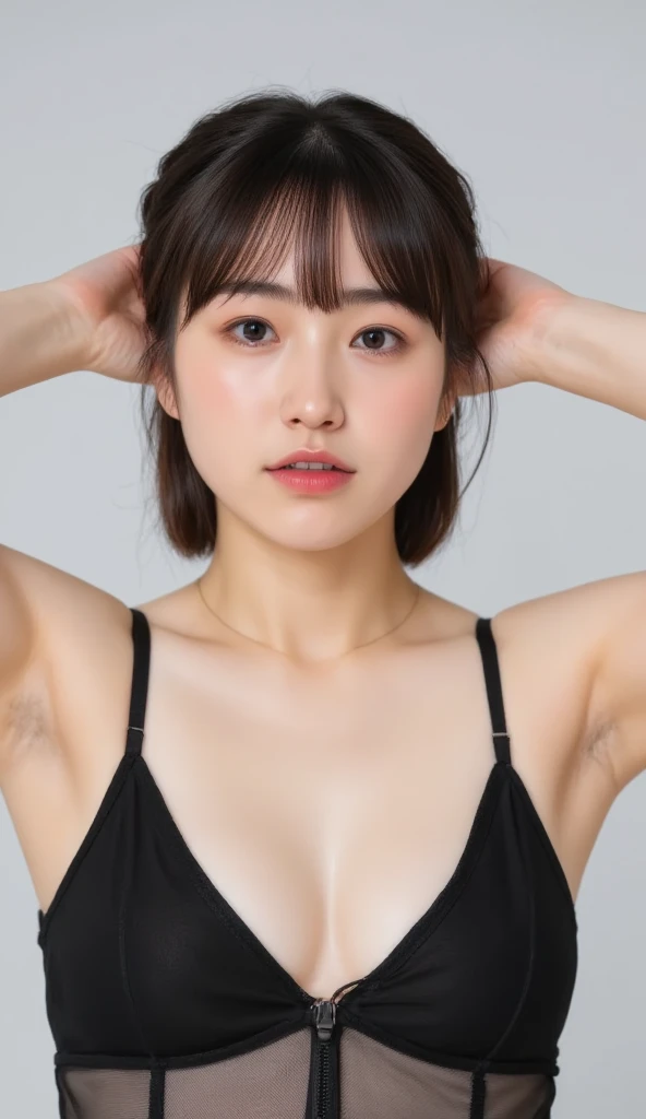 masterpiece, ,Award-winning photos, Extremely detailed, EDG ORGASM ,  woman with her mouth open and closed eyes  , A woman with an angle _Face、 Lung、 sweat-soaked skin, a young Japanese petite girl, see through nipples , arms behind head