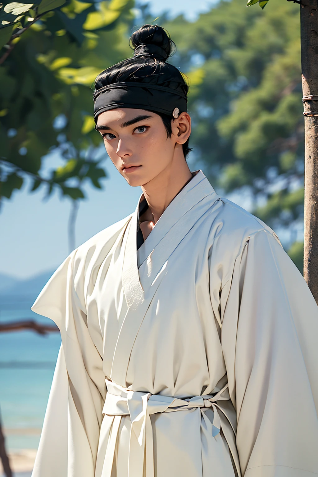 (absurdres, highres, masterpiece, best quality, ultra-realistic,ultra-detailed),(beautiful detailed face and eyes and hair:1.1),handsome,asian man,tall and muscular,broad shoulders,black hair,black eyes,datailed face,topknot,see-through headband,white hanbok,sad,upper body, sea background