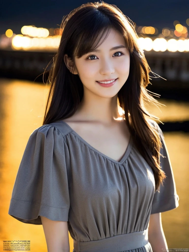 1 Girl, (Wearing a gray dress:1.2), (Supercluster), Very beautiful Japanese idol portraits, 
(RAW Photos, Highest quality), (Realistic, Realistic:1.4), (masterpiece), 
Very delicate and beautiful, Very detailed, 2k wallpaper, wonderful, finely, Very detailed CG Unity 8K wallpaper, Very detailed, High resolution, Soft Light, 
Beautiful detailed girl, Very detailed eyes and face, Beautiful and sophisticated nose, Beautiful and beautiful eyes, Cinema Lighting, 
(Fashion magazine photography:1.3), (Outdoor), (night lighting), (Waterfront), 
(Semi-long hair), 
Complete Anatomy, Slender body, Small breasts, smile