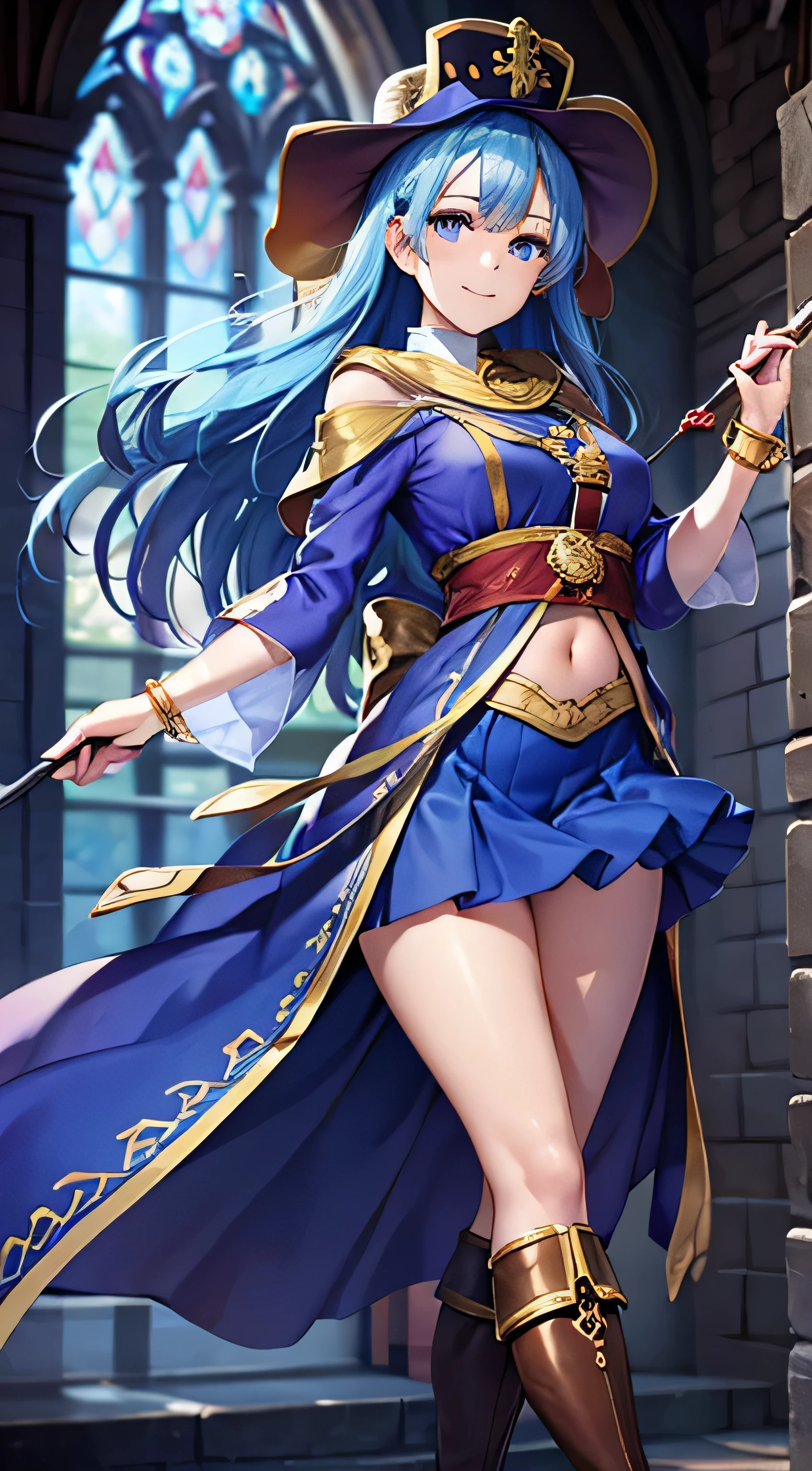 ((masterpiece, Best Quality,  Hi-Res, ,  Perfect Pixel ,  4K, ))), 1 woman, single, Alone, Beauty、The whole body is visible、 ((( light blue straight hair holding a monk's wand))),( bangs, ), (( beautiful eyes,  beautiful eyelashes ,   Real Eyes )), ((  Detailed Face , )), (( smooth texture:0.75, Realistic texture:0.65,  photorealistic:1.1,  anime CG style)),  medium chest,  dynamic angle that raises one leg terribly,  perfect body,  ((Priest costume、(luxurious blue mitra、blue long tabert)、 Bracelets、Priest hat 、、 brown leather boots 、Gold Circlet))、cathedral、The gorgeous shining monk's cane 、、、 lean forward、、  and a very embarrassed panic smile、 cute smile、 、 ( The wind rolled up the skirt、、Pose to hold your chest with both arms、、)、