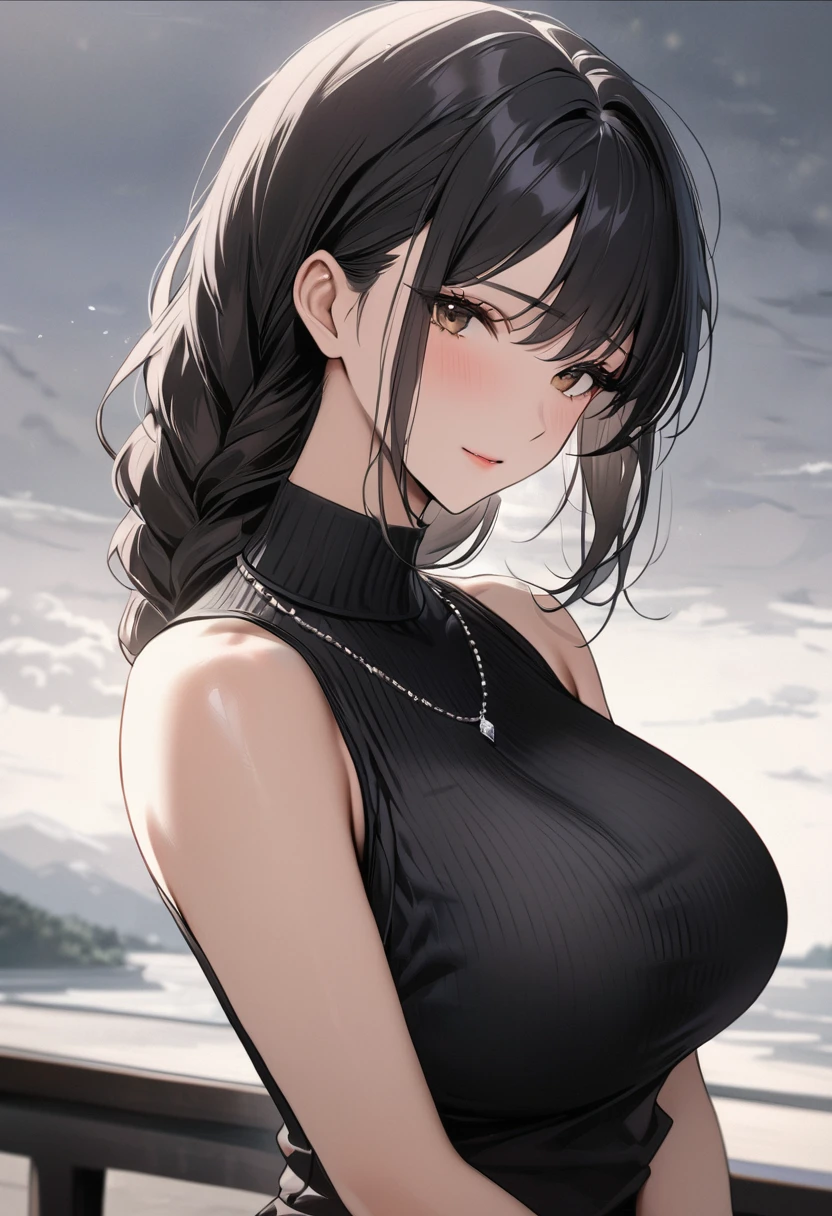 ((highest quality)), ((masterpiece)), (detailed), (one girl), sexy, height 168 and bust 120 cm, busty housewife, mature woman, black hair braided, a mother with warm gentle eyes, ((calm expression)) looking at viewer with gentle eyes, black sleeveless turtleneck, a delicate thin simple diamond necklace, back ground is overcast sky