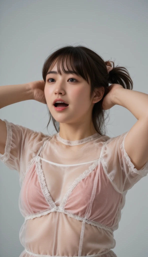 masterpiece, ,Award-winning photos, Extremely detailed, EDG ORGASM ,  woman with her mouth open and closed eyes  , A woman with an angle _Face、 Lung、 sweat-soaked skin, a young Japanese petite girl, see through nipples , arms behind head