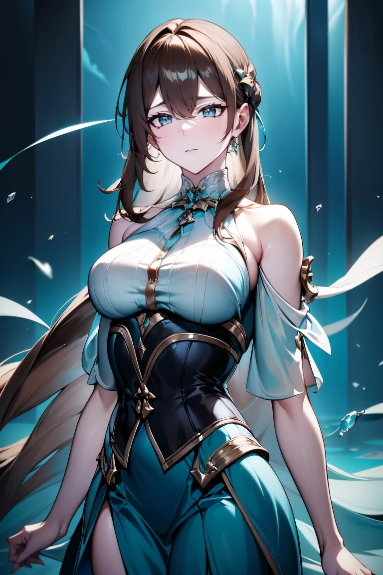 An adult woman, with long, loose brown hair, thigh-length light brown hair, loose braids, ice-pale skin, cyan blue eyes, serious expression, maturity in her posture, modern clothing, white t-shirt, black corset, cyan blue skirt, painter, renowned artist, in a modern futuristic painting studio, painting a picture of the ocean, throat chakra, calm environment, cool lighting, short sleeves, detailed outfit, French style, standing next to a window, crystal outfit, looking at the camera, bare shoulders, hummingbird themed outfit, hair over her shoulders, raising one hand and performing magic, cyan blue magic, eyes half closed, hair blowing in the wind, manipulating the air, hands folded