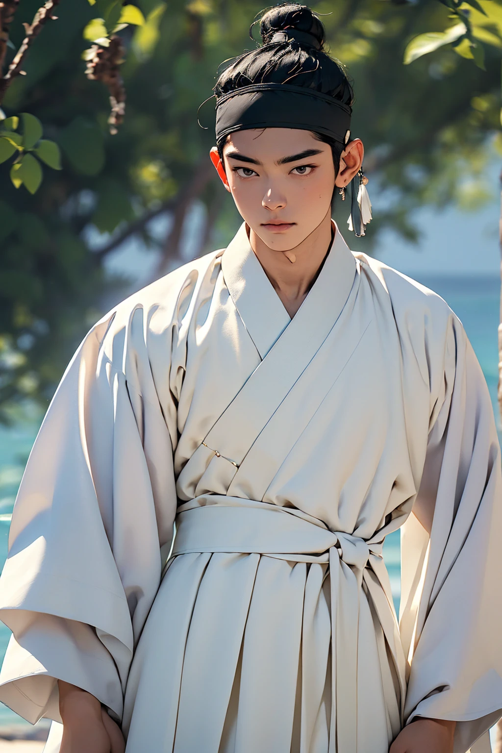 (absurdres, highres, masterpiece, best quality, ultra-realistic,ultra-detailed),(beautiful detailed face and eyes and hair:1.1),handsome,asian man,tall and muscular,broad shoulders,black hair,black eyes,datailed face,topknot,see-through headband,white hanbok,sad,upper body, sea background