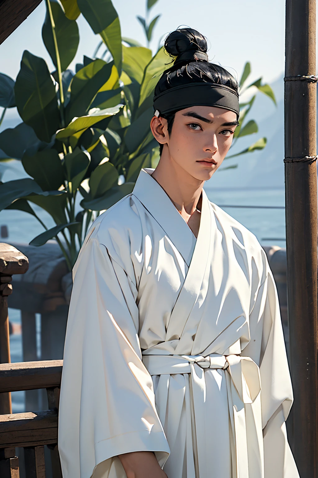 (absurdres, highres, masterpiece, best quality, ultra-realistic,ultra-detailed),(beautiful detailed face and eyes and hair:1.1),handsome,asian man,tall and muscular,broad shoulders,black hair,black eyes,datailed face,topknot,see-through headband,white hanbok,sad,upper body, sea background