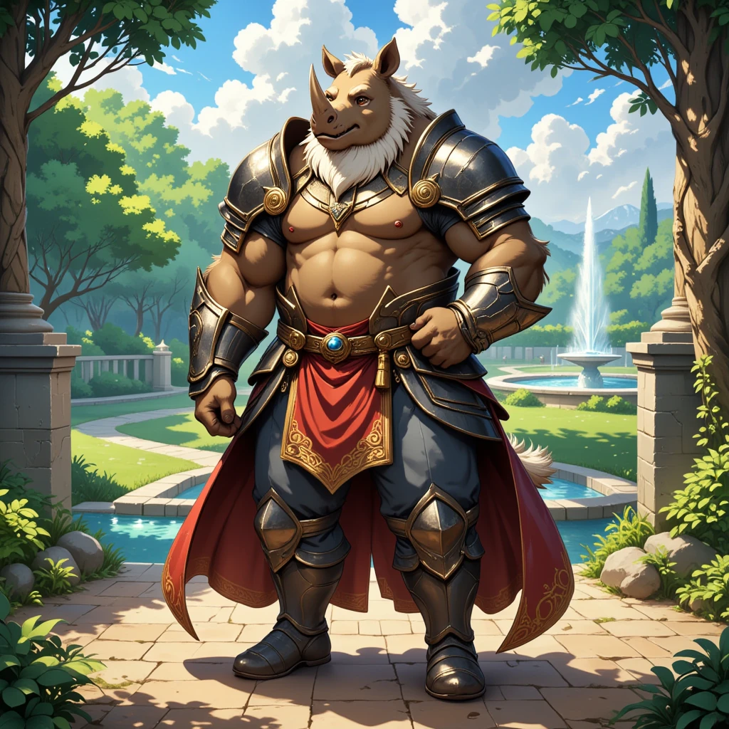 character focus, full body, looking away, dynamic angle, a musclegut middle-aged rhinoceros man, heroic costume clothes, armor, pants, inner, dynamic pose, BREAK complete anatomy, perfect proportions, beautiful thigh gap, fluffy body, intricate fur details, beautiful fur texture, BREAK a detailed rhinoceros 1tail, detailed rhinoceros toes, detailed foot, detailed hands, 5fingers, 5fingers nails, BREAK aesthetic anime face, insanity detailed face, male face, big face, square jawline, aesthetic anime eyes, detailed brown eyes, detailed brown cornea, detailed dark brown irises, detailed pupils, male eyes, big eyes, male eyebrows, innocent look, beautiful beard, BREAK full body in Michelangelo Buonarroti style, digital illustration anime, housamo style, detailed painting landscape, european, fountain, path, outdoor, full body, HDR, BREAK masterpiece, official art, best quality, very aesthetic, absurdres, super fine illustration, great quality, BREAK noise reduction, very highres, large filesize, high quality, 32K, 8k wallpaper, dynamic lighting, BREAK insanity detailed, ultra detailed, intricate details, extremely detailed, detailed texture, an extremely delicate and beautiful, BREAK osukemo, e621 illustration, kemohomo, anthropomorphic, furry, cartoon, harmonious body, pastoral face, virtuous eyes, epic atmosphere