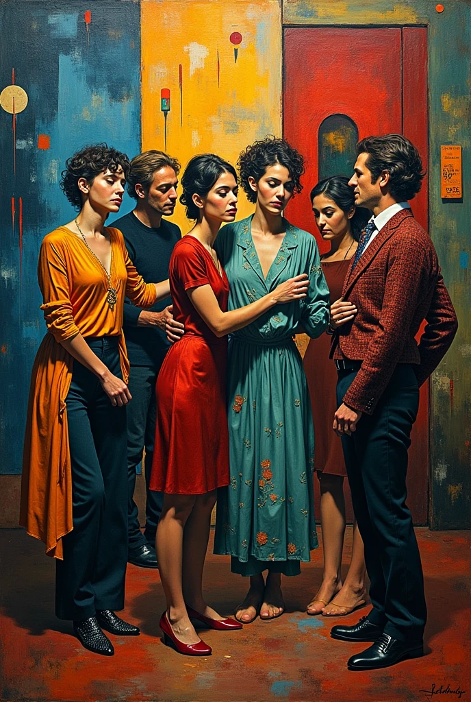 Group of prostitutes and their clients in a Paris alley at night in the early twentieth century, los invitados son ((characters from the works of Amedeo Modigliani seated according to the composition of the image to be generated , otros personajes de pie en el fondo o a los lados))cinematography lighting, ultra detallado, Pintura digital, Artstation, arte conceptual, Suave, foco nítido, illustration, (piel alta y detallada:1.2), 8k UHD, DSLR, Soft lighting, alta calidad, Film grain, Fujifilm XT3 mix4 Wildstyle RAW foto,