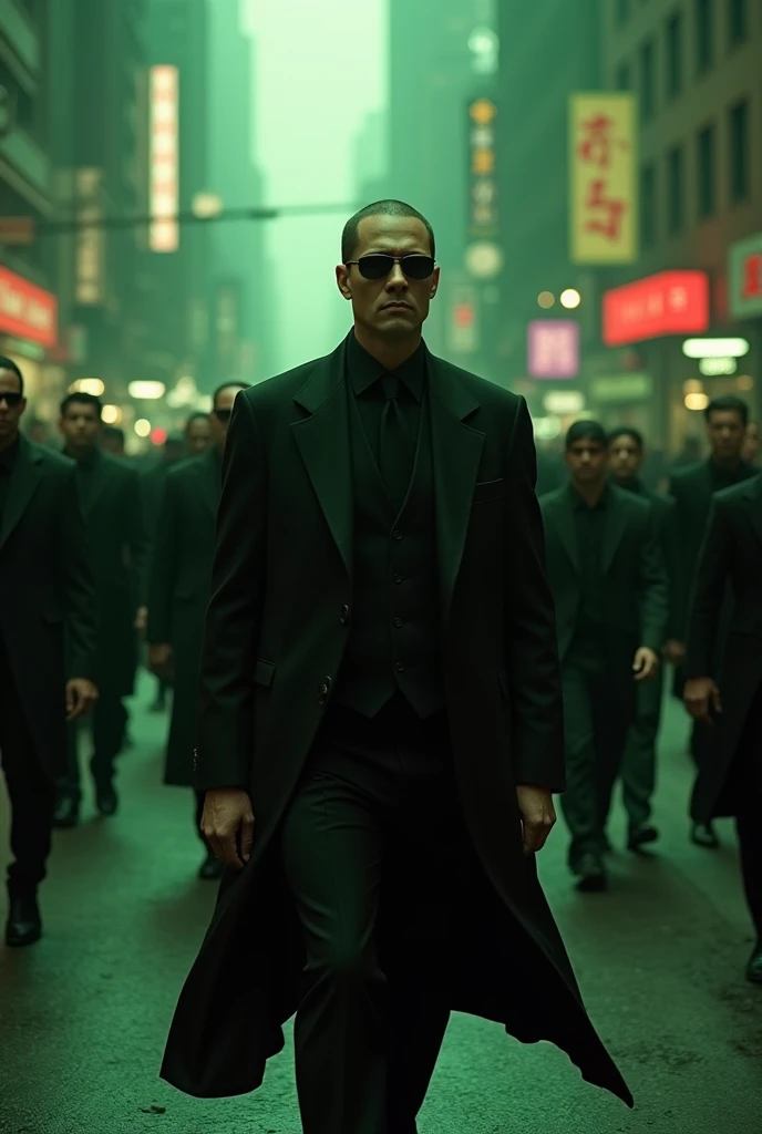 "An intense scene of Agents from The Matrix in their iconic suits and sunglasses, patrolling a city street filled with people unaware of the Matrix. The Agents appear powerful and in control, with a dark, dystopian atmosphere and greenish lighting cast over the scene. The people around look oblivious, symbolizing a world still under the control of the Matrix."