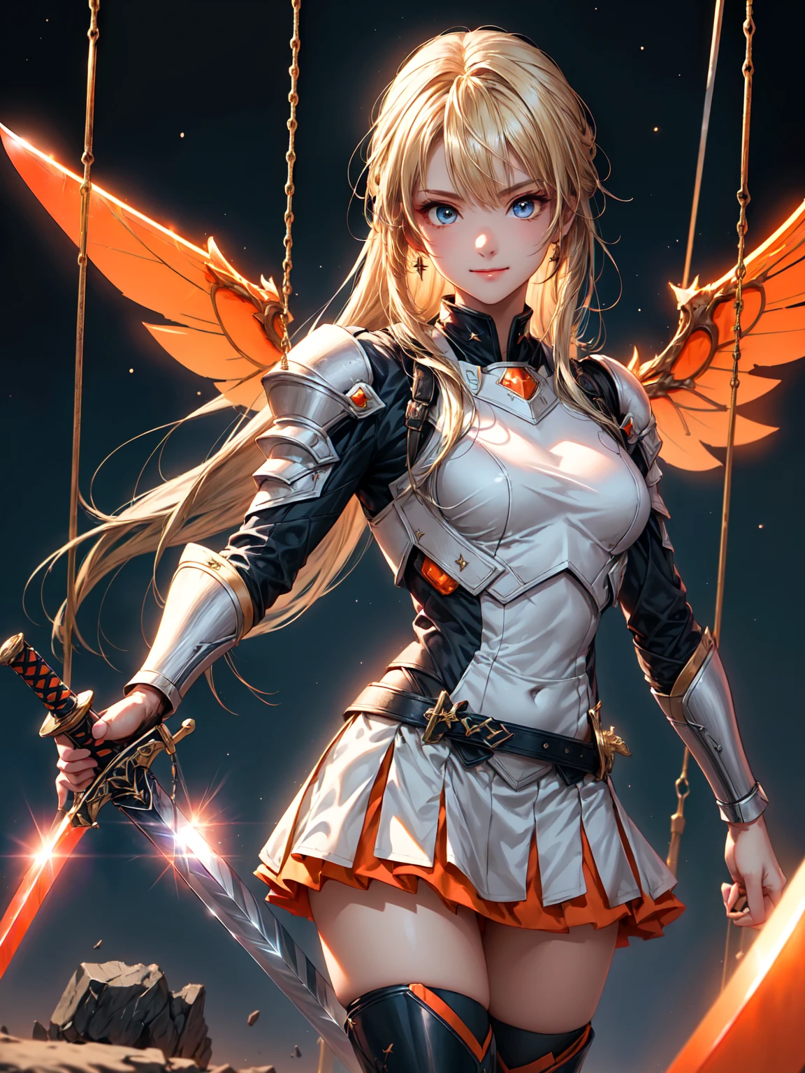 Idol,  mature face、Battle Pose 、Tall、( Swing Up Your Sword  : 1.9)、( blonde long hair  : 1.5), ( miniskirt that sticks a large number of swords into the ground : 1.5), (stand up : 1.3), ( charming eyes :1.3)、 beautiful blonde ,  blue eyes、The best smile、(Space and thunder background  : 1.3), (A colorful and flashy orange armor combat suit with a  : 1.5), (masterpiece:1.0),(Best Quality:1.0), 超 High image quality,4K,  very detailed, High image quality,  Kodak Portrait 400  ,  Film Grain,  lens flare glow  , highest quality, 8k,  Portrait Shot  ,8k、  viewer , (((Front View))), ((facing))、(  facing the front  : 1.5)、  small face with 6 wings, Best Quality、 Super beautiful images、Best Quality, Anime Style, Facial beauty, masterpiece、 Hi-Res、The best eyes, Beautiful Makeup、Top view