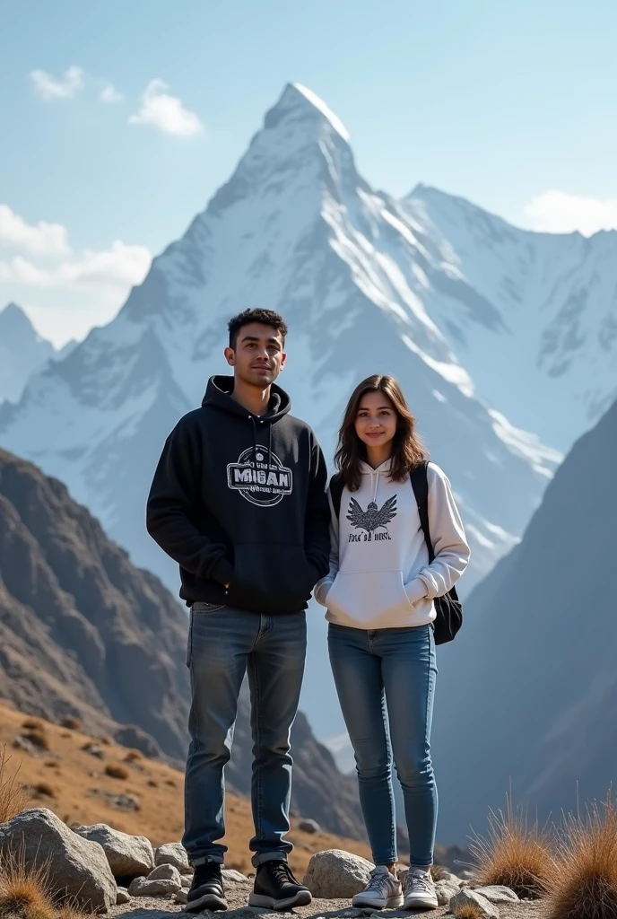 Create landscape image of 23 year old young Pakistani boy and Girl standing on a nanga parbat Pakistan. Boy is wearing a Printed Hoodie in black color and Girl is wearing a White Printed Hoodie with different print. Image is totally looking like a reality base. Both Standing with some Distance and looking in a camera