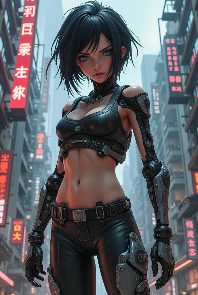 Beautiful woman, cyberpunk, cyborg, loose hair, short shoulder-length hair, angry eyes, strong figure, straight chest, open arms, raised forearms, perfectly proportioned, bare waist, torn leather clothing,