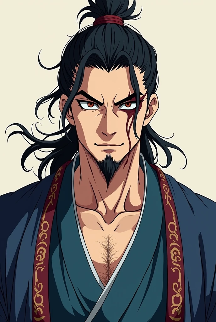 An anime-style image of a man, white skin, black hair in a ponytail, with hair on his chin , with a visible scar on his eye , wearing an old Japanese ronin costume in blue and red.