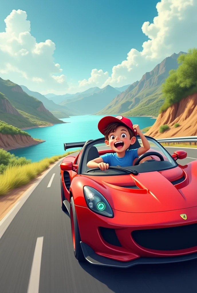 Create red car on the road with boy