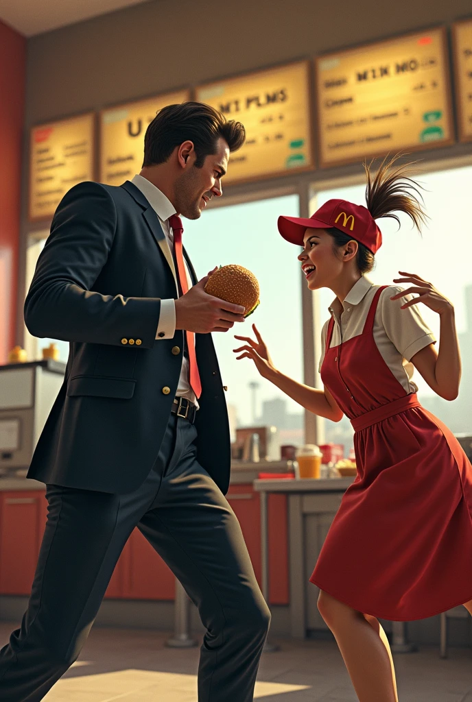 A handsome businessman is standing in McDonald's and a female McDonald's employee in McDonald's staff clothes is angry, screaming and throwing a burger at him. And he dodges.
