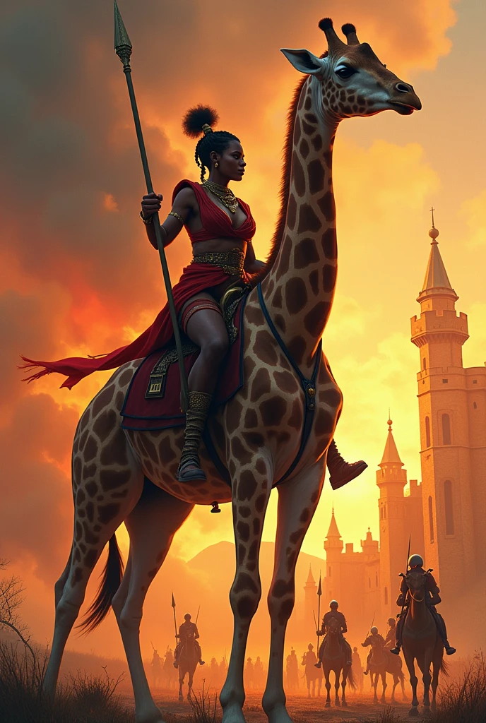 A Tanzanian soldier riding a giraffe , with a spear in her hand , next to his people about to fight against the monarchy, Make the giraffe look tall and cool , with a castle burning in the back, But that there are more people behind him
