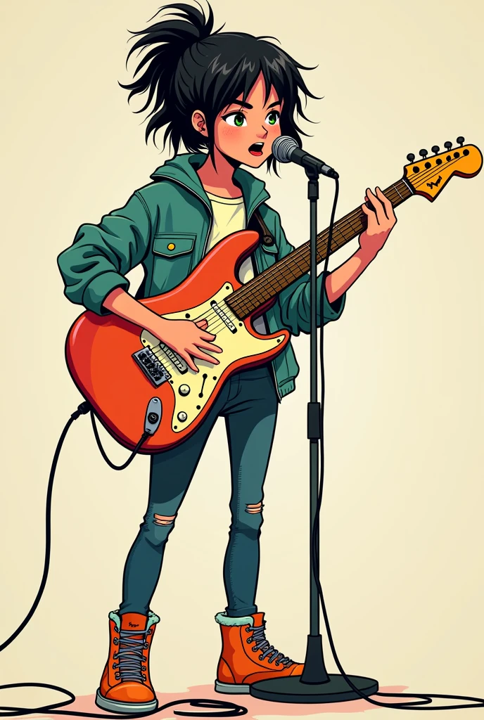 You can generate a girl singing with a microphone and playing the guitar, Scott Pilgrim , front view