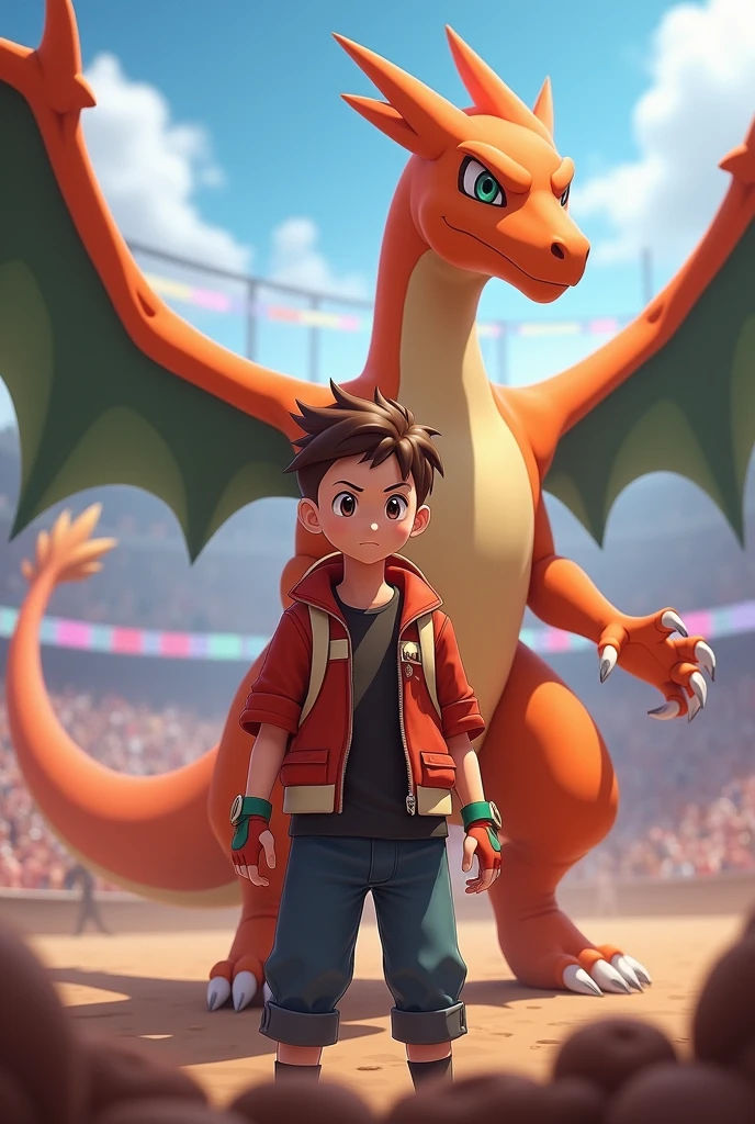 Dresseur de Pokémon 10 ans garçon châtain clair, cheveux très courts dans une arène avec son grand Pokémon dracaufeu