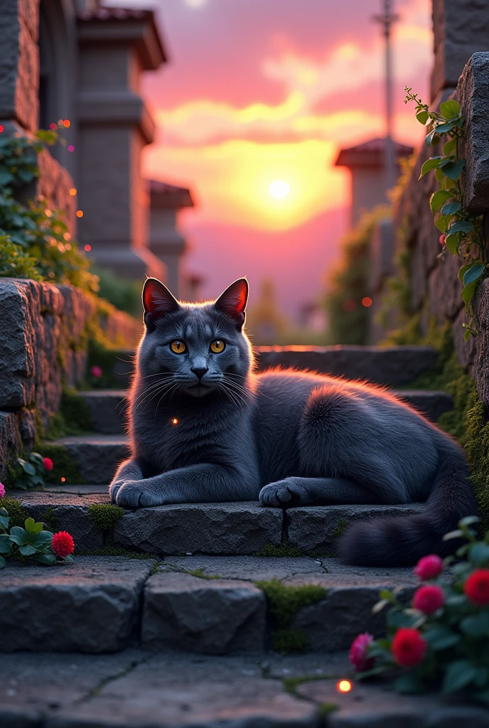 Ultra-detailed, photorealistic scene of a serene cat resting gracefully on ancient stone steps at twilight. The cat, with soft fur shimmering in hues of charcoal gray and amber highlights, lounges with a calm yet alert gaze, eyes reflecting a warm golden glow from the fading sunlight. The stone steps are beautifully worn, covered with patches of vibrant green moss, small cracks, and delicate carvings that tell the story of time. Lush, colorful flowers and ivy cascade down the sides, adding a burst of reds, purples, and greens. A stunning sunset paints the sky in gradients of pink, orange, and deep violet, casting a gentle glow over the entire scene. Faint, magical wisps of light dance in the air, and tiny fireflies hover around, adding a dreamlike quality. The atmosphere is a blend of mystique and tranquility, capturing the timeless beauty of nature and the quiet elegance of the cat. This composition showcases unmatched attention to detail and vibrant colors, creating a breathtaking, immersive experience.