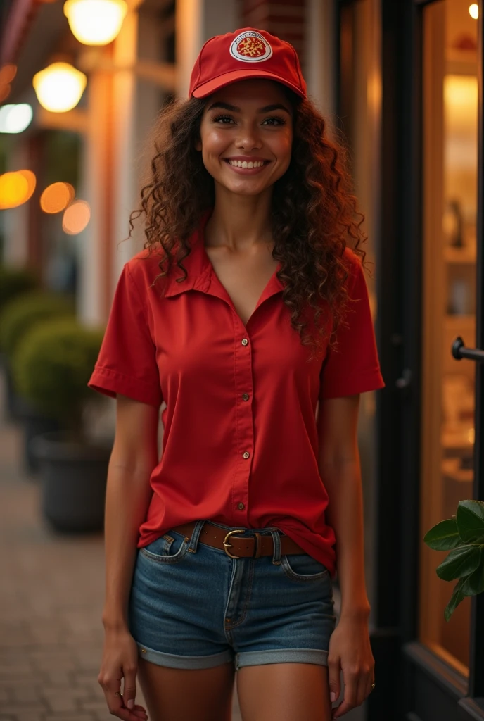 A fun, black woman with straight hair, dark brown eyes, wearing jean shorts and a red blouse. 

