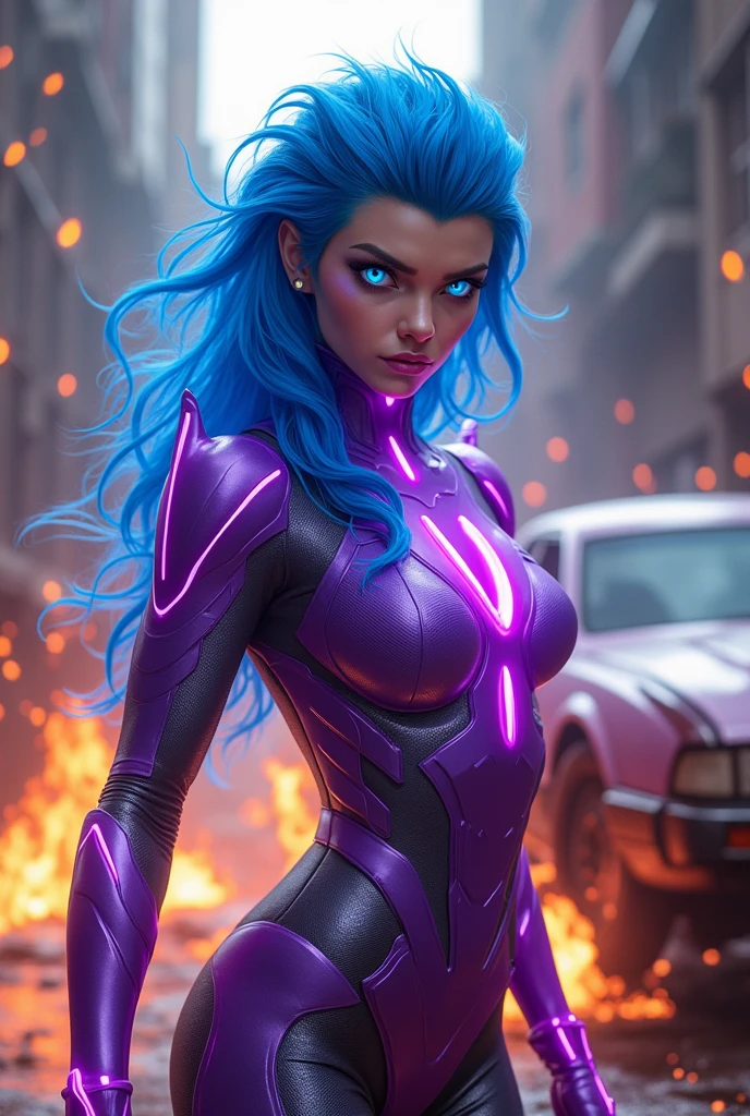 Dark purple haired villainess with magnetic powers, wearing a skintight red and green costume and destroying a factory. Blue eyes, glossy red lips. Evil smirk. Evil wins. Humans dying.