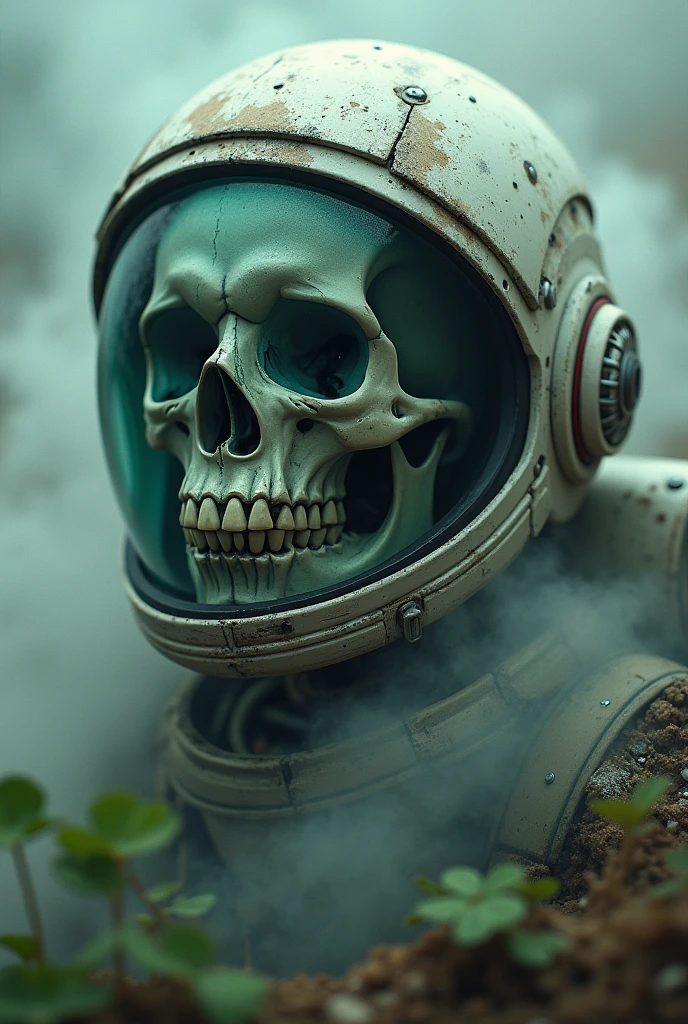 able, an astronaut skeleton, skull in a closed helmet made of tinted dirty broken glass with reflection on the glass, steam and smoke close-up, clover leaves and a spider on it, science fiction dystopia - the flag of Russia, very detailed, high contrast, digital glitch art, white/blue/black") very detailed, saturated color