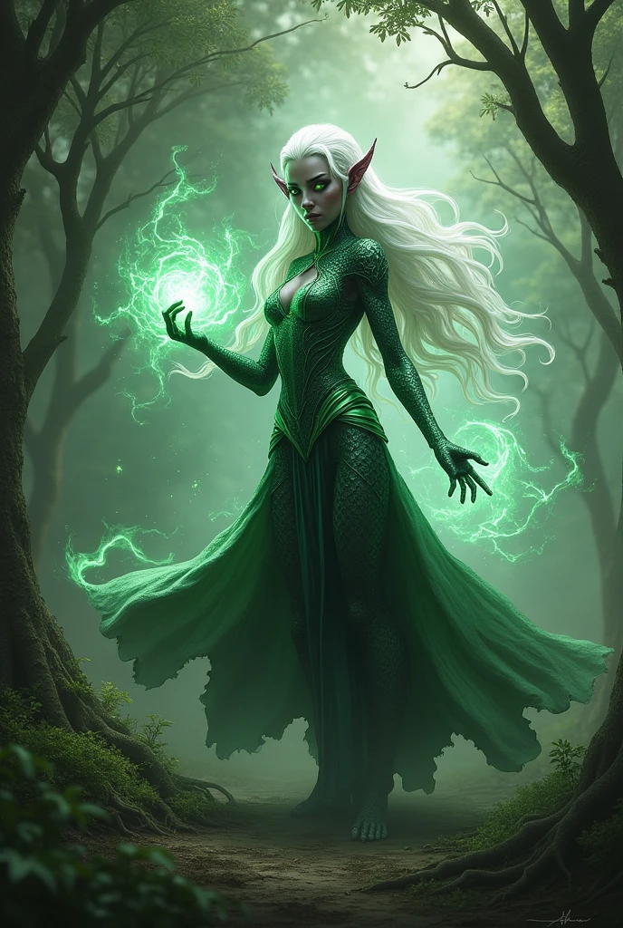 In the middle of the battle、Eris the elven druidess is in perfect harmony with the life force of the forest.、Unleash the true power hidden within you。Her magic is getting stronger、Become one with the surrounding nature and face off against the dark invaders。Ellis understood the importance of her mission.、Recognize that you are an essential part of protecting the forest。Her power spread throughout the forest、Giving hope and courage to my friends。Ellis is a blond elf woman. she is facing a horde of goblins. Goblins in the foreground, lots of golblins