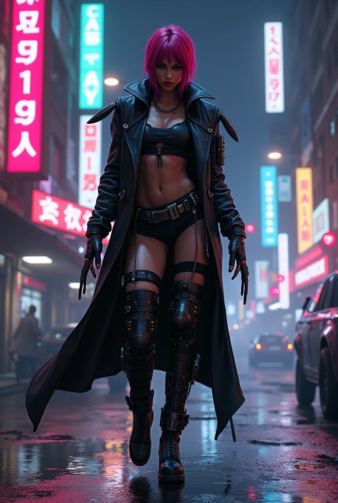 In the depths of a dark and dystopian metropolis, where neon lights illuminate the nights and the air is filled with the hum of malfunctioning machinery, a full body zombie woman emerges from the shadows. Her decaying flesh is draped in tattered rags, revealing the grotesque details of her undead state. Sexually explicit and masked, she dons a sleek leather outfit that clings to her disturbingly altered form. Her eyes glow with an unnatural green light, and her teeth grind together in an unsettling sneer.

Nearby, a cyberpunk detective hunkers down in the dimly lit, gothic corners
