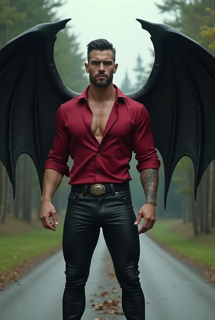 ((Masterpiece, Best quality, high resolution)) Handsome man with black demon wings, Red eyes, Pointy ears, Muscular，Vampire teeth fangs in his mouth, wearing only black micro thong, 