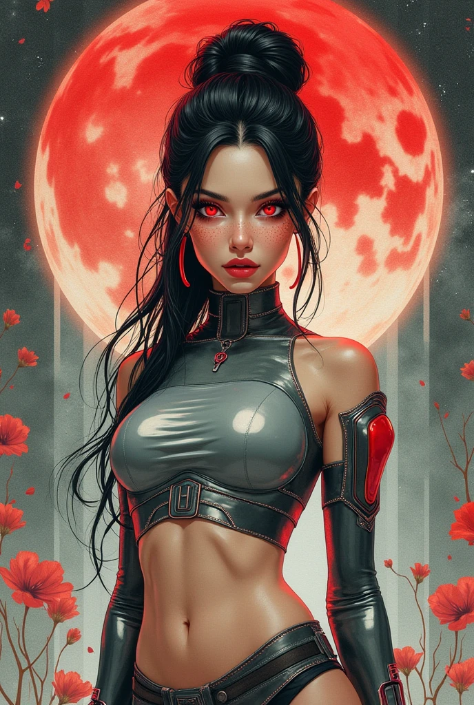 SKINNY CYBERPUNK GIRL POSING IN A NIGHT DESERT, RED LUNAR ECLIPSE BACKGROUND