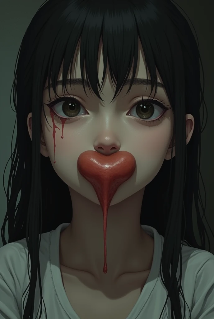 (bratty teen), cum covered, (view close from above), open eyes, (long tongue), (open mouth), make up, (detailed face), (leaking cum), (cum dripping), (mouth to the top full of cum), (ultra realistic), (ultra detailed), highest quality 4k, beautiful eyes, naughty face rolling_eyes cross-eyed ahegao open mouth tongue out, bukkake, more_details:1, Aiko