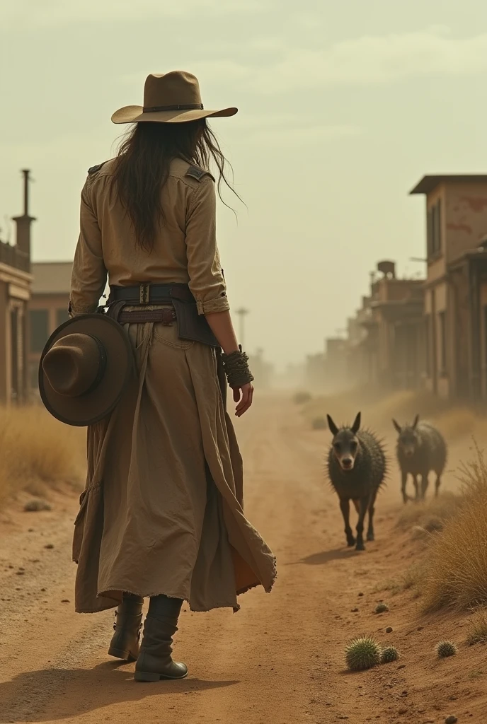 Text-to-Video Prompt:

"Imagine a post-apocalyptic western landscape, vast and desolate, with cracked, sun-scorched earth that stretches infinitely beneath an ominous, dusty sky. The horizon is dotted with the skeletal remains of buildings and rusting remnants of old stagecoaches. There is an oppressive silence broken only by the soft, whistling wind carrying dust and echoes of a forgotten civilization. The scene feels surreal and contemplative, every shot lingering as if time itself has slowed, inviting reflection on the decay and forgotten beauty of what was once a thriving world.

A lone woman, clad in ragged, worn-out western attire with a tattered hat hanging at her back, steps into the frame. Her boots crunch against the brittle ground as she walks, the camera following her movements with long, steady takes. She stops suddenly, eyes haunted, and falls to her knees with an audible thud, dust rising around her. The camera pulls into a slow dolly zoom, amplifying the raw emotion of her exhaustion and despair.

In the distance, a subtle, eerie sound grows – a blend of mechanical clicks and organic groans. The camera shifts focus to reveal small hybrid creatures approaching; they are twisted fusions of cacti and canine forms, their spiny legs skittering over the dry terrain. The shot transitions between these creatures and the woman, showcasing her weary, defiant expression, eyes squinting against the setting sun as sweat beads on her weathered skin.

The visual palette is muted and desaturated, washed in tones of sun-bleached browns, yellows, and faded grays, lending an old-world texture reminiscent of The Good, the Bad and the Ugly. The atmosphere is laden with a somber, melancholic air as if Andrei Tarkovsky himself were behind the camera – framing each shot with meditative precision, capturing not just the visual, but the poetic stillness between moments. Time feels stretched, with emphasis on small, subtle movements and expressions, emphasizing the human eleme