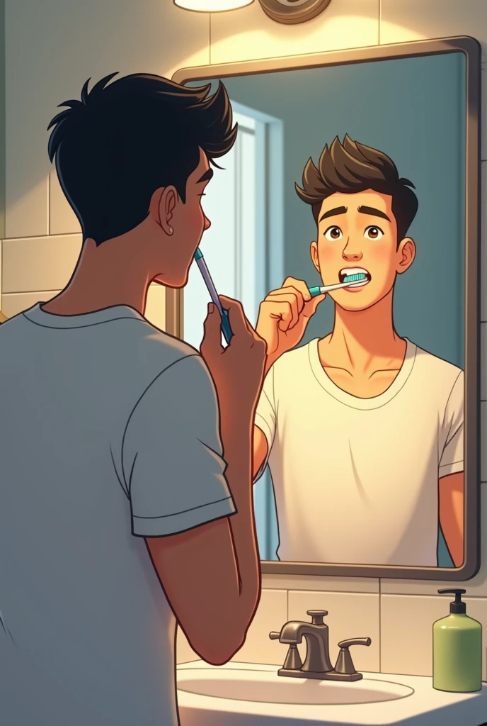Gay couple man curly hair brushing teeth happy anime drawing 

