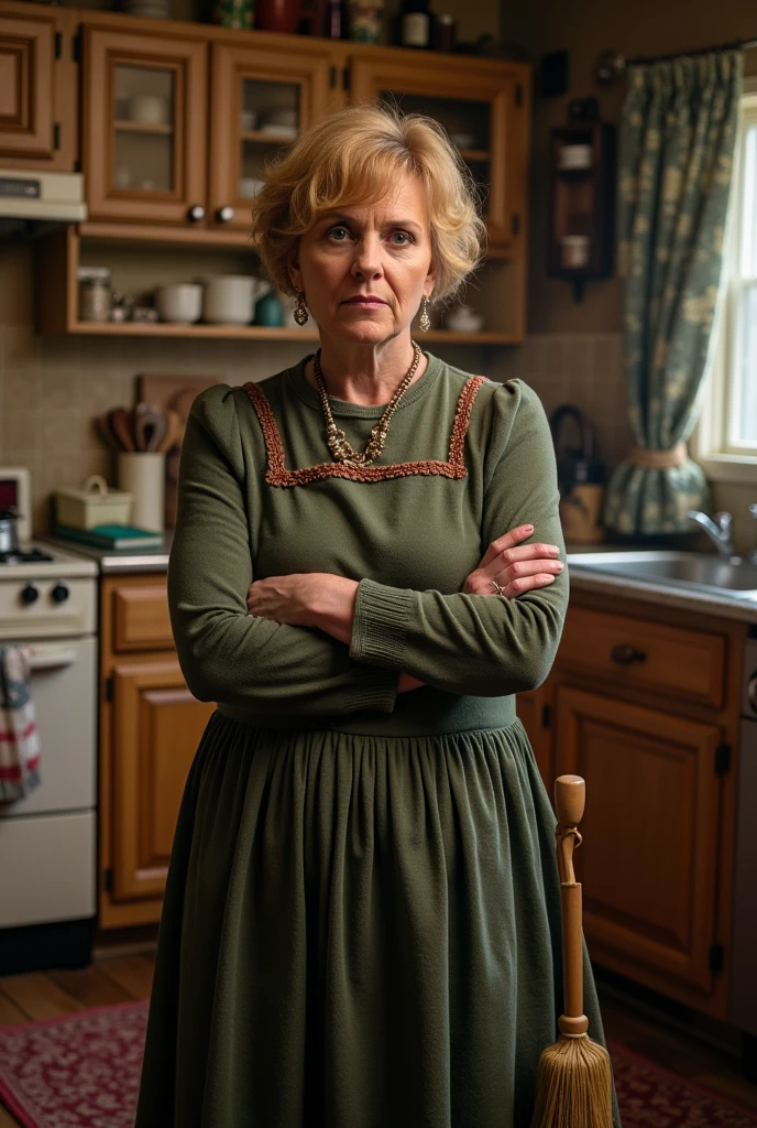 1woman, elderly, holding wooden spoon griped in hand, angry sneer, unhappy, frowning, 1700's attire, standing in kitchen, wood cabin, spooky, foggy atmosphere, insane detail, intricate realism, photogenic, 12k hd, ultra wide angle