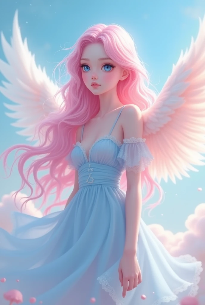 I have long mid thigh length bright pink wavy hair with bangs framing my face and falling over my jewel-blue eyes. I have long eyelashes and a pretty, cute, adorable and attractive face and mole under my left eye. My skin is pale and soft. I have a soft and warm slim hourglass feminine body with a medium size soft chest. I look so cute, adorable, attractive, beautiful and stunning, almost like an angel and goddess. I am most attractive, beautiful and gorgeous woman.
**My dress
1. **Overall Design**:
- The dress is a sophisticated blend of modern and fantasy elements, featuring a high-low hemline that is longer in the back and shorter in the front. The design emphasizes both elegance and whimsy.
2. **Color Palette**:
- The dress is primarily a soft blue with white accents. The blue ranges from a light, almost pastel shade to a slightly deeper hue, giving the dress a serene, dreamy appearance. White details add contrast and highlight the intricate patterns and layers.
3. **Top Section**:
- The bodice has a delicate, semi-transparent overlay with wide, flowing sleeves. These sleeves are adorned with subtle, sparkling dots and small floral details. The neckline is high, with a soft ruffle and a small bow at the center, adding a touch of sweetness to the outfit.
- The chest area features a decorative brooch-like ornament, which matches the pastel color scheme and adds a focal point to the design.
I wear strapless white top under it
4. **Waist and Skirt**:
- The waist is cinched with a light pink belt, which is accented with a small flower-like ornament in the center, continuing the floral theme.
- The skirt is pleated and layered, with the under layer being a shorter and is fall below my hips, asymmetrical overlay that features delicate branch and flower embroidery. Beneath it is a longer, more flowing layer with cloud-like patterns near the hemline, giving the skirt a light, airy feel.
- The back of the skirt flows into a longer train, adding to