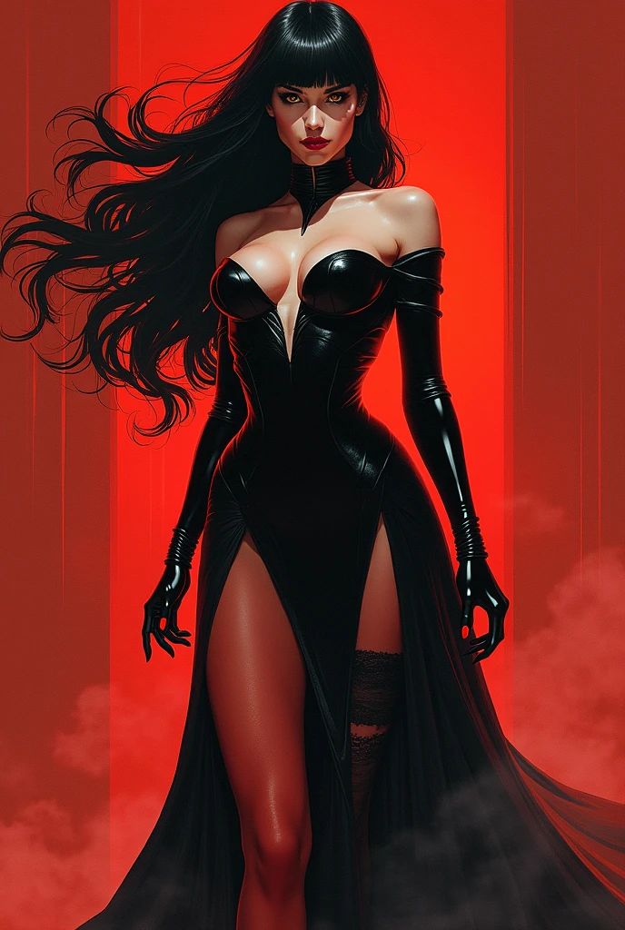 Artstation, by Frank Frazetta, by Simon Bisley, by Luis Royo, by H.R. Giger, by Ashley Wood, by Bill Sienkiewicz, by Ryan Meinerding, by Ian McQue, by Syd Mead, by Frank Frazetta bbw woman dressing in orange nightgown(green skin:0.8), Masterpiece, best quality, "Gothic Futuristic Seductress", Artstation, by Frank Frazetta. pale red skin:0.8), Masterpiece, best quality, "Gothic Futuristic Seductress", Artstation, by Frank Frazetta. The image should feature a mysterious, seductive woman in revealing red clothing such as light green dress or robe, sexy, posed full body in an otherworldly, gothic setting with skull pile in background. (big boobs, brow hair, 1970s styled brown hair with sexy eyes )