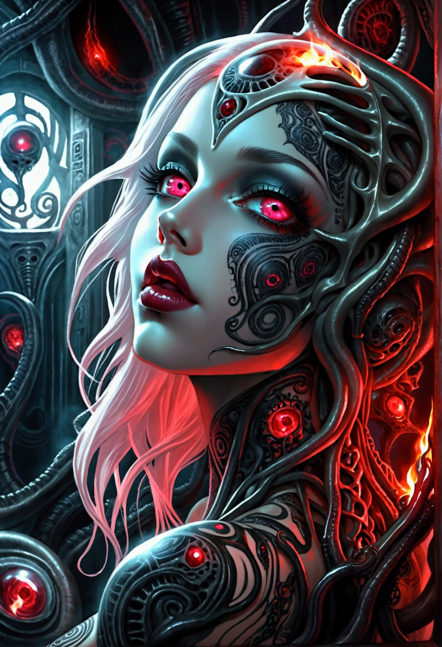 Stunningly gorgeous beautiful perfect hr giger tattooed sexy seductive demonic girl, perfect face, hyper detailed neon ruby, large breasts, full body view, nude, no color black and white only