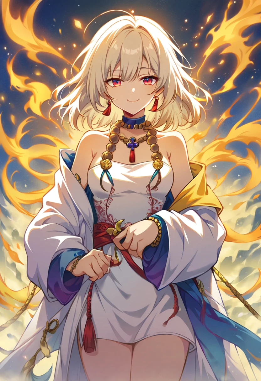 (( Best Quality)), Game CG,  bright ,  from the front,  viewers,  one woman,  cowboy shot, 1girl,Alone,jewelry,bare shoulders,open clothes,long sleeves,bracelet,white dress,white jacket, smile
