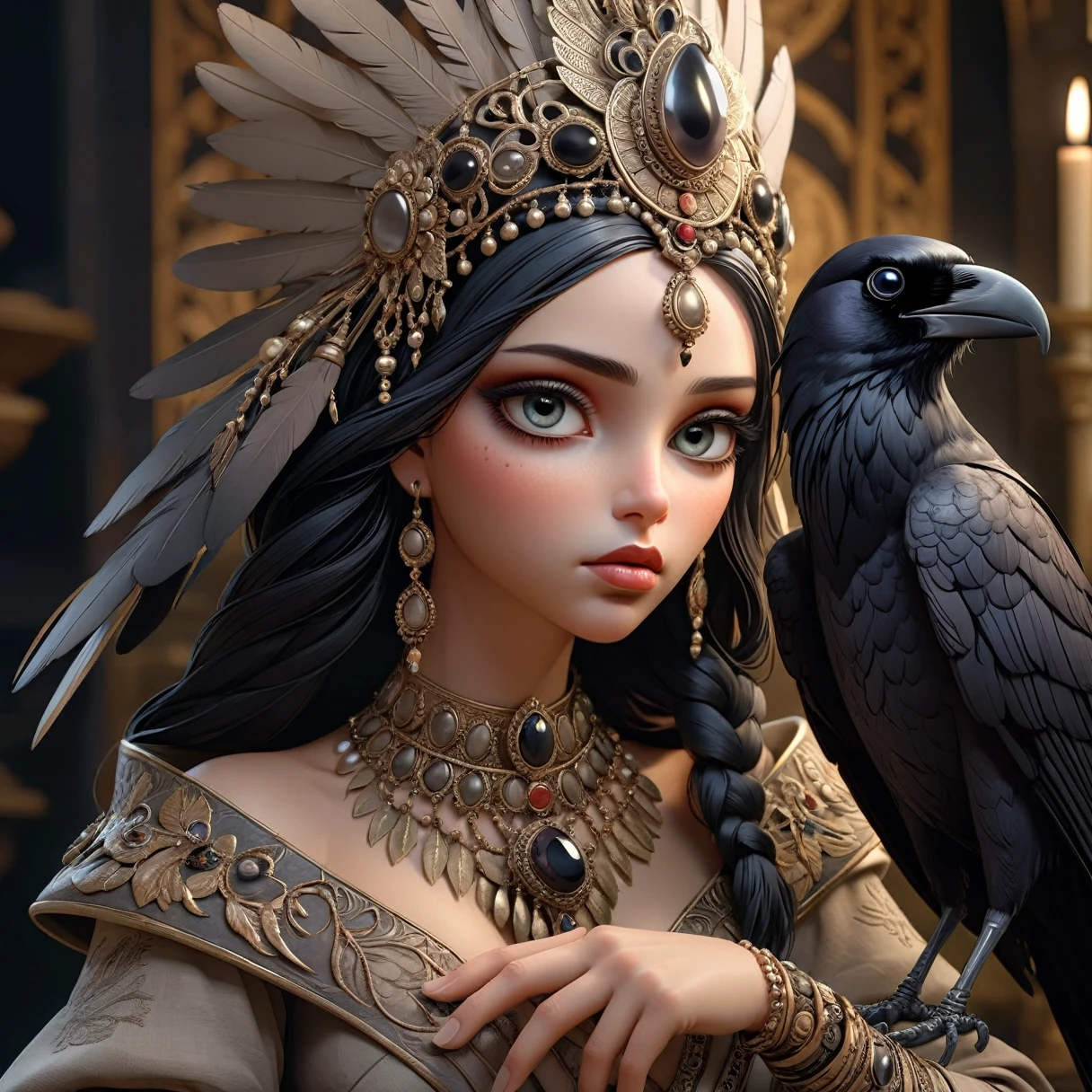 ktatos with raven, dark fantasy art, beautiful detailed eyes, beautiful detailed lips, extremely detailed face, long eyelashes, ornate jewelry, raven perched on hand, intricate headdress, cinematic lighting, moody color palette, dramatic chiaroscuro, muted earth tones, masterpiece, best quality, 8k, photorealistic