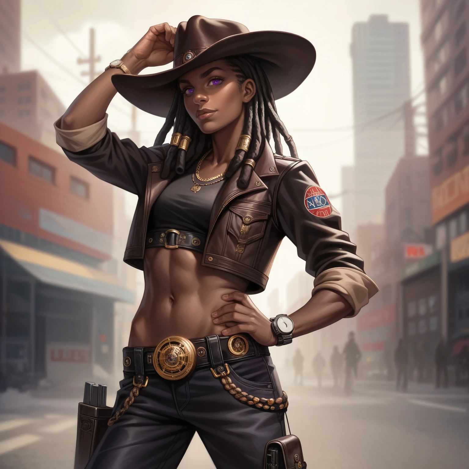 visos Masterpiece copy ,  best quality ,  ultra high resolution, realistic leather texture,  comic book style , 4k image, linda,  an African-American girl , dreadlocks, belt, hand on hip, hat, alone, long hair, Wristwatch,left, purple eyes, relógio no pulso left, breasts,  black hair ,  looking at the spectator , purple hair, pants, modern city, futuristic urban city ,  two revolvers in a leather holster, cowboy clothes,  teenager,  cowboy style steampunk in clothes, black african, black skin, hat de cawboy, two, stylish pose, Cawboy style boots 