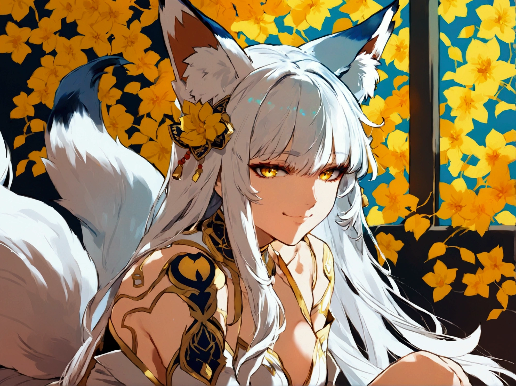 Anime fox woman, yellow eyes, white hair, Long Hair, Smile, Bangs, High Resolution, Detail, Breasts, Fox Ears, basic background, full body shot, sitting down