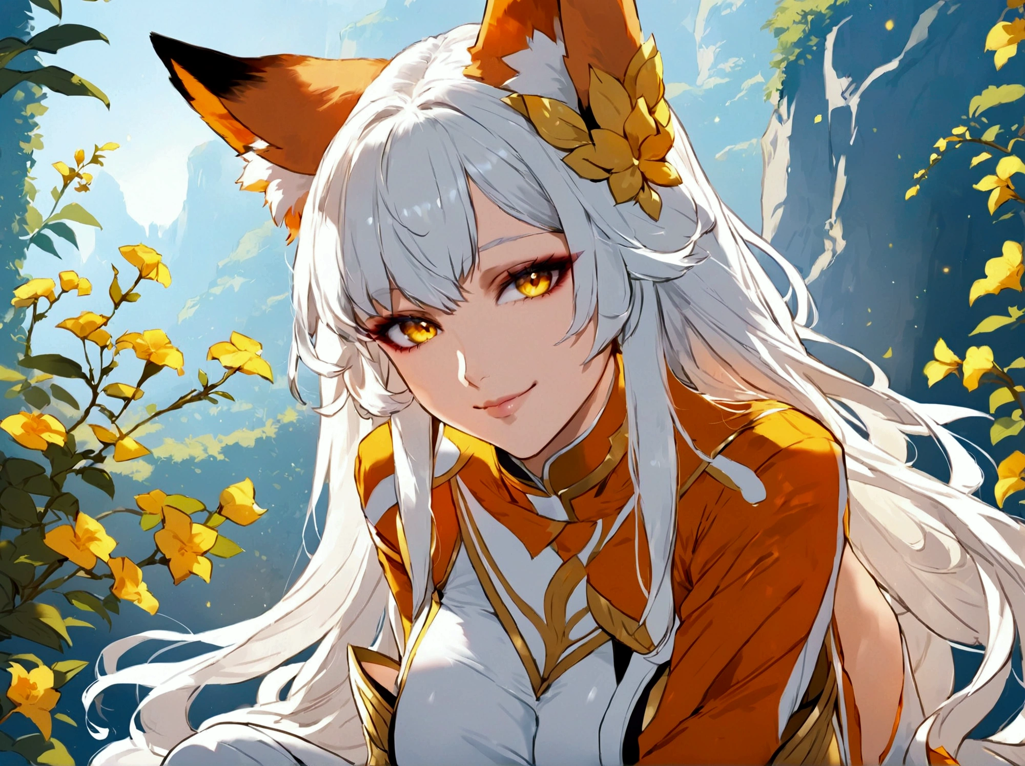 Anime fox woman, yellow eyes, white hair, Long Hair, Smile, Bangs, High Resolution, Detail, Breasts, Fox Ears, basic background, full body shot, sitting down