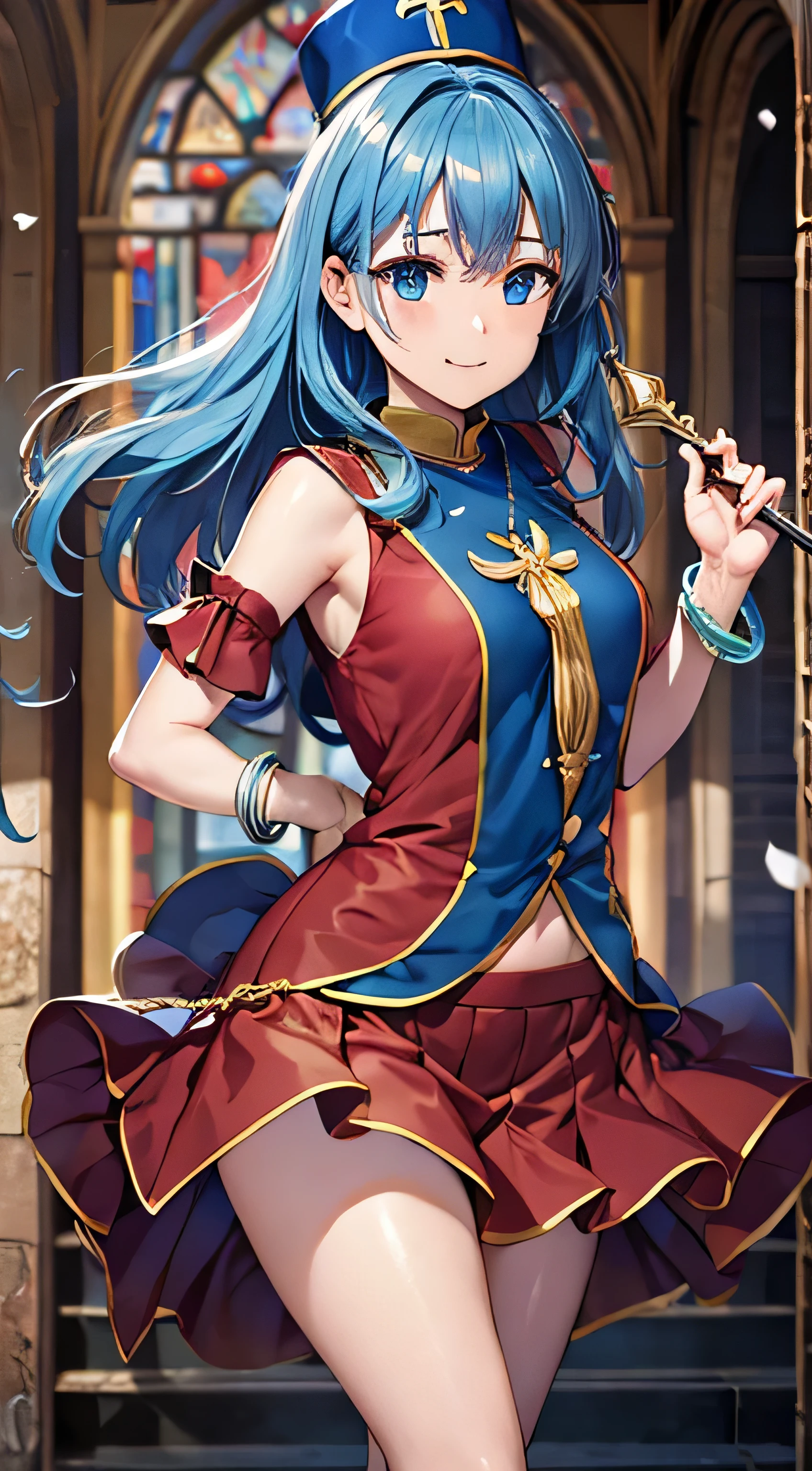 ((masterpiece, Best Quality, Hi-Res, , Perfect Pixel , 4K, ))), 1 woman, single, Alone, Beauty、The whole body is visible、 ((( light blue straight hair holding a monk's wand))),( bangs, ), (( beautiful eyes, beautiful eyelashes , Real Eyes )), (( Detailed Face , )), (( smooth texture:0.75, Realistic texture:0.65, photorealistic:1.1, anime CG style)), medium chest, dynamic angle that raises one leg terribly, perfect body, ((Priest costume、(luxurious blue mitra、blue long tabert)、 Bracelets、Priest hat 、、 brown leather boots 、Gold Circlet))、cathedral、The gorgeous shining monk's cane 、、、、、 and a very embarrassed panic smile、 cute smile、 、 ( The wind rolled up the skirt、、Pose to hold your chest with both arms、 lean forward、)、