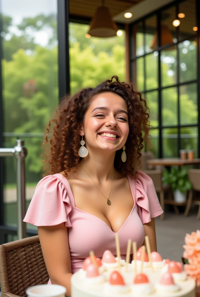 The image is a photograph of a young woman celebrating a birthday. She is sitting at a table outdoors, surrounded by a lush green background with large windows and a patio. The woman, with curly, light brown hair, is smiling broadly, her eyes closed, suggesting she is happy and joyful. She is wearing a light pink, short-sleeved dress with ruffled shoulders and a V-neck.