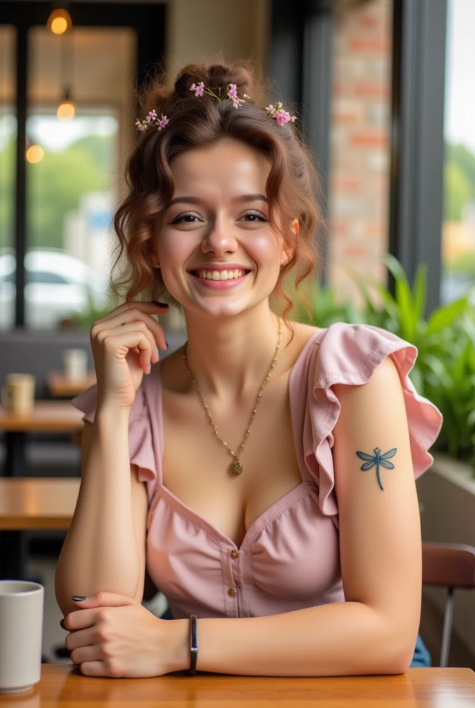 The image is a photograph capturing a candid moment of a woman seated at an outdoor table, likely at a restaurant or café. The woman, with light skin and curly, light brown hair styled in a messy bun, is wearing a soft pink, short-sleeved blouse with ruffled shoulders. She has a tattoo of a dragonfly on her right arm. Her hair is adorned with small, delicate, floral hairpins.