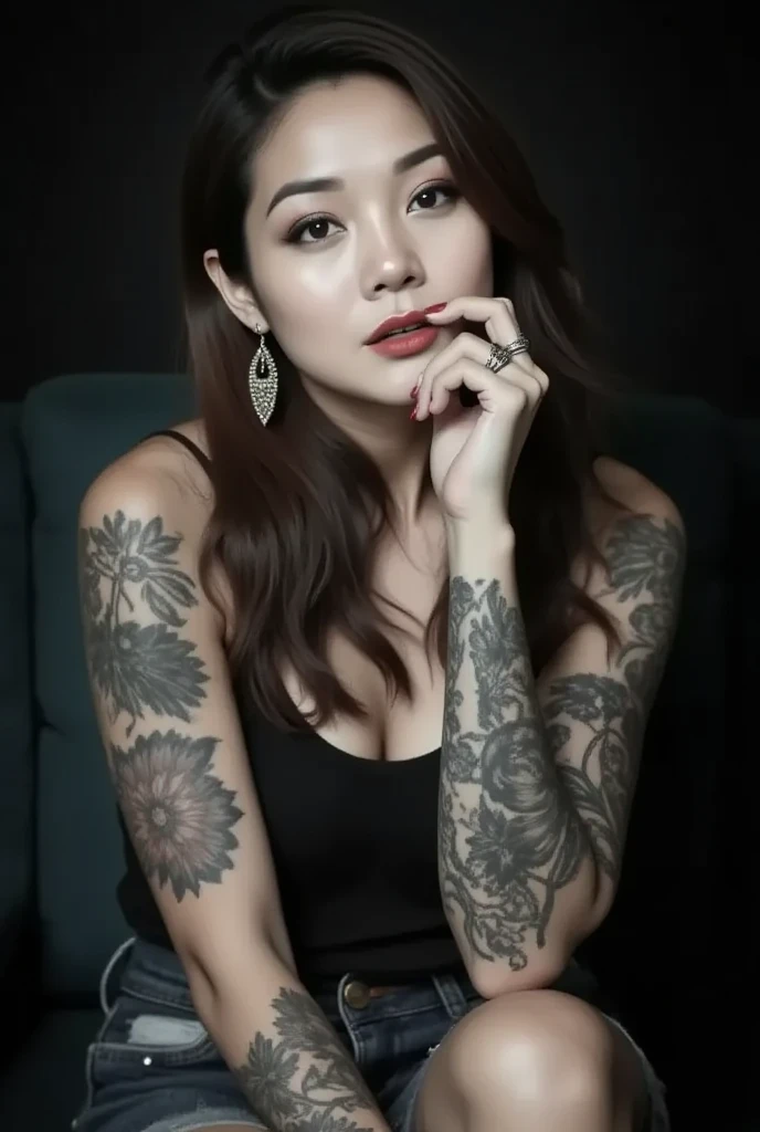 Studio photo of amira, messy brown hair, make-up, grey eyes, superlative body proportion, brown lipstick, hoop earring, nose pierce, red nail polish, rings, bracelets,  covered in tattoos, wearing black tanktop, dull ripped blue short jeans, she looked dramatically sad at the camera and thinking, ((her mouth and lips are dramatically pouting)), she is sitting on the on the cozy black fluffy sofa her left hand supporting her chin both knees bend , softbox, void black background, backlight, artistic photography, hyper realistic, graphic CG digital art, first person view