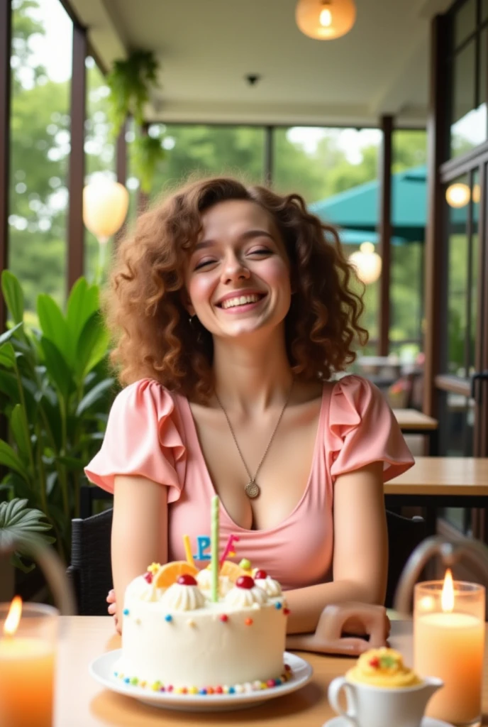 The image is a photograph of a young woman celebrating a birthday. She is sitting at a table outdoors, surrounded by a lush green background with large windows and a patio. The woman, with curly, light brown hair, is smiling broadly, her eyes closed, suggesting she is happy and joyful. She is wearing a light pink, short-sleeved dress with ruffled shoulders and a V-neck.